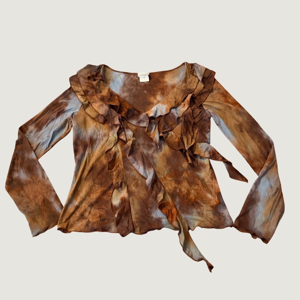 Ruffle Top XL Y2K Mesh Tie Dye Brown Blue Long Sleeve Vintage 90s